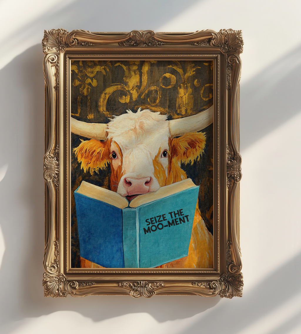 Cow Reading Book Wall Art, Seize the MOO-ment Print, Whimsical Cow Artwork, Book Lover Gift, Farmhouse Library Decor