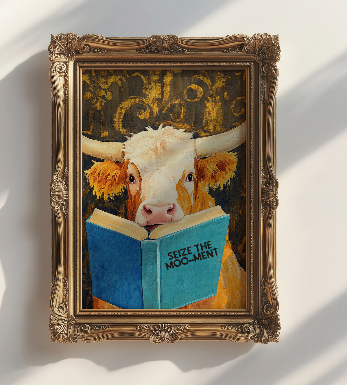 Cow Reading Book Wall Art, Seize the MOO-ment Print, Whimsical Cow Artwork, Book Lover Gift, Farmhouse Library Decor