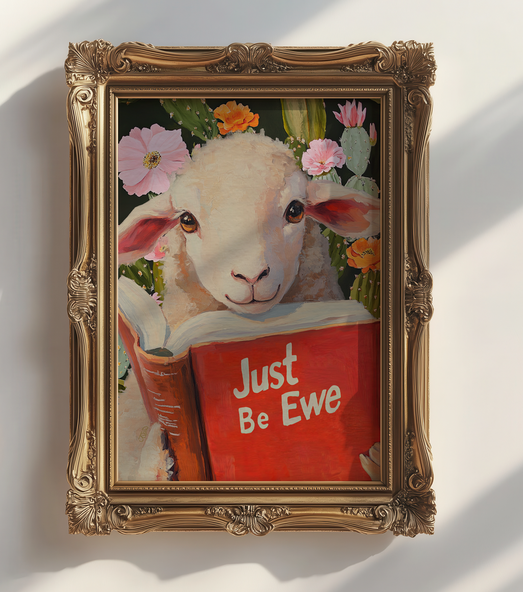 Sheep Reading Book Wall Art, Just Be Ewe Print, Lamb Wall Art, Whimsical Farm Animal Decor, Book Lover Gift