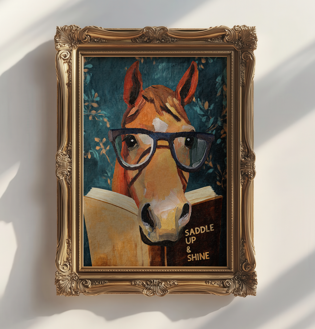 Horse Reading Book Wall Art, Saddle Up and Shine Print, Whimsical Horse Artwork, Western Decor, Book Lover Gift