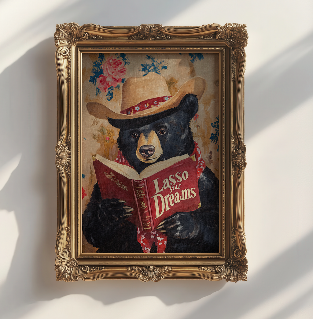 Bear Reading Book Wall Art, Lasso Your Dreams Print, Whimsical Bear Artwork, Rustic Cabin Decor, Book Lover Gift