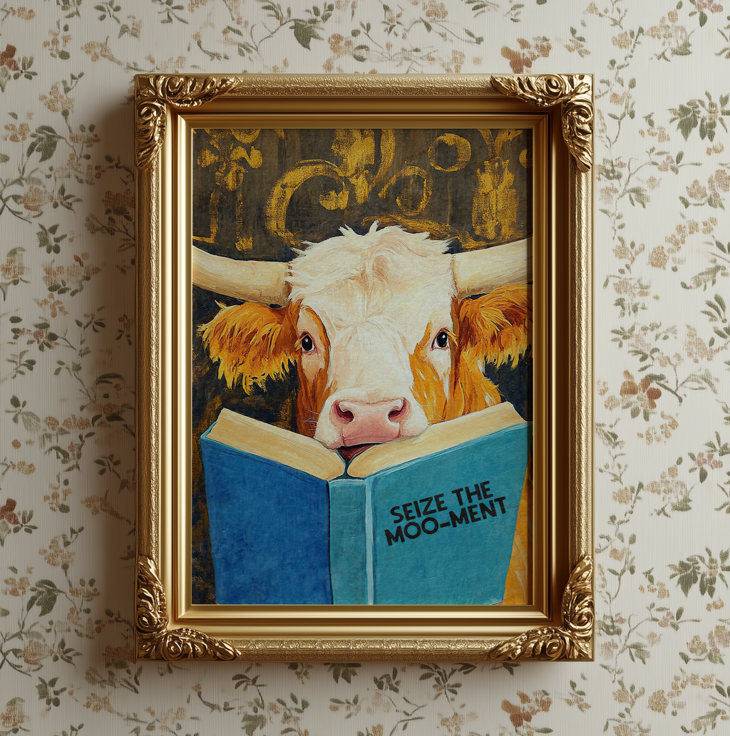 Cow Reading Book Wall Art, Seize the MOO-ment Print, Whimsical Cow Artwork, Book Lover Gift, Farmhouse Library Decor