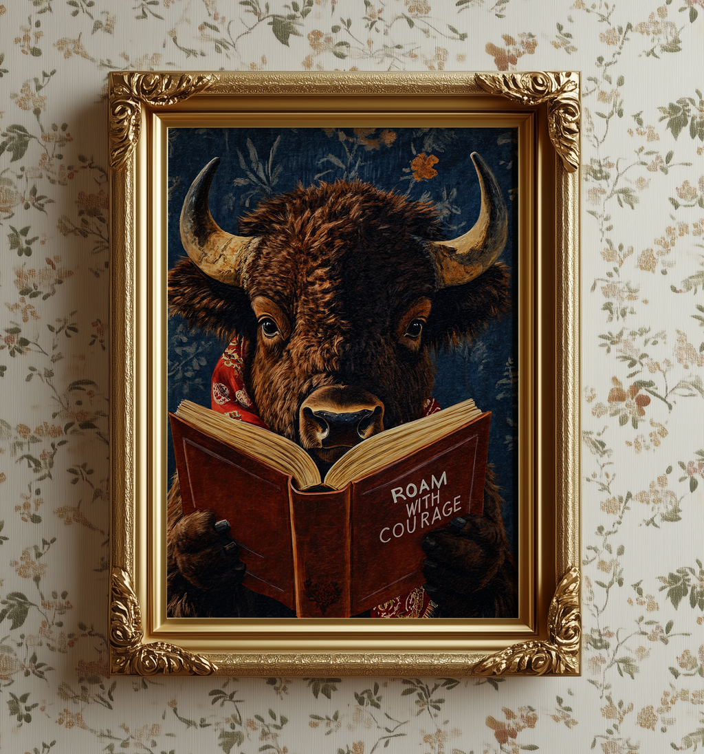 Bison Reading Book Wall Art, Roam with Courage Print, Buffalo Wall Art, Whimsical Western Decor, Book Lover Gift