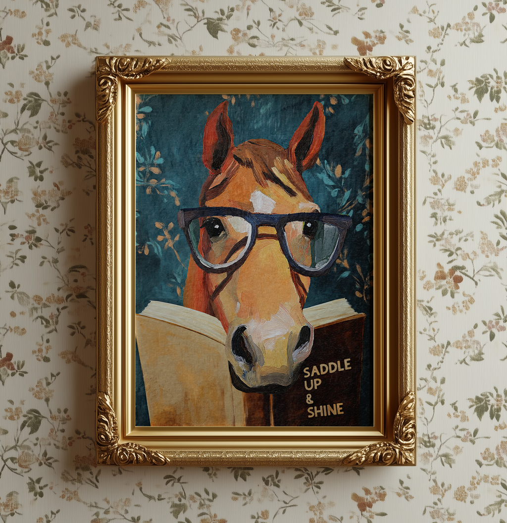 Horse Reading Book Wall Art, Saddle Up and Shine Print, Whimsical Horse Artwork, Western Decor, Book Lover Gift