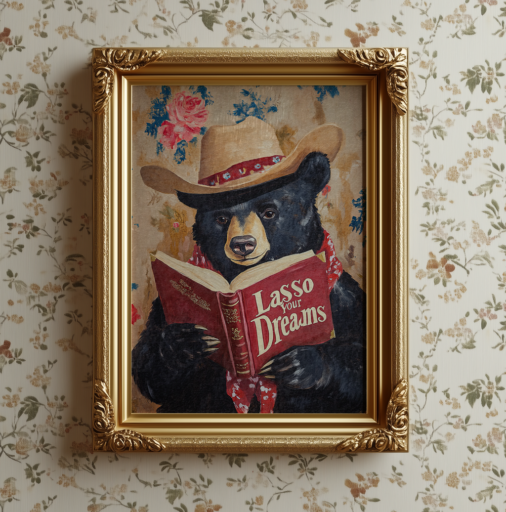 Bear Reading Book Wall Art, Lasso Your Dreams Print, Whimsical Bear Artwork, Rustic Cabin Decor, Book Lover Gift