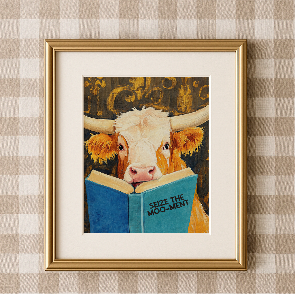 Cow Reading Book Wall Art, Seize the MOO-ment Print, Whimsical Cow Artwork, Book Lover Gift, Farmhouse Library Decor