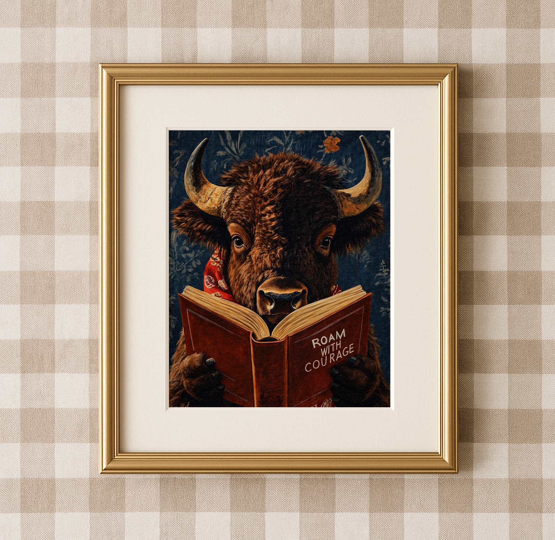 Bison Reading Book Wall Art, Roam with Courage Print, Buffalo Wall Art, Whimsical Western Decor, Book Lover Gift