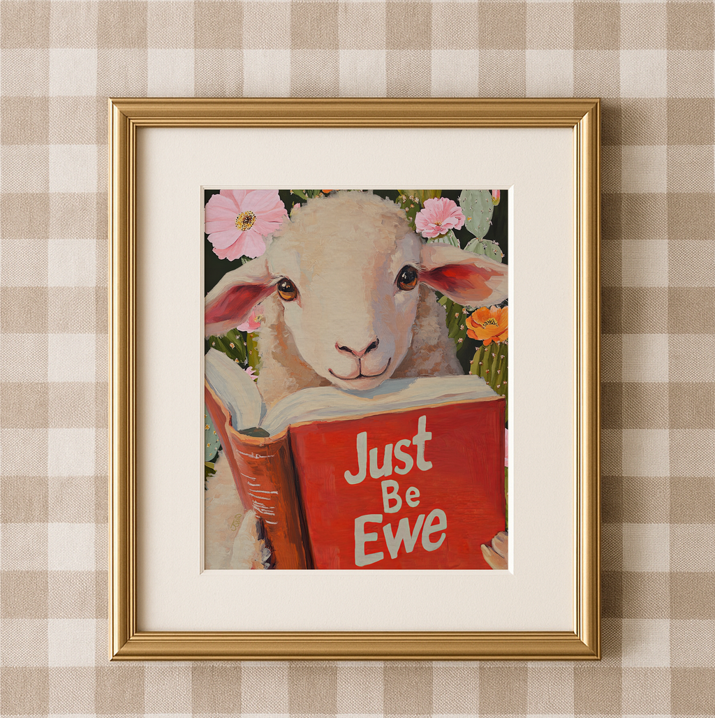 Sheep Reading Book Wall Art, Just Be Ewe Print, Lamb Wall Art, Whimsical Farm Animal Decor, Book Lover Gift