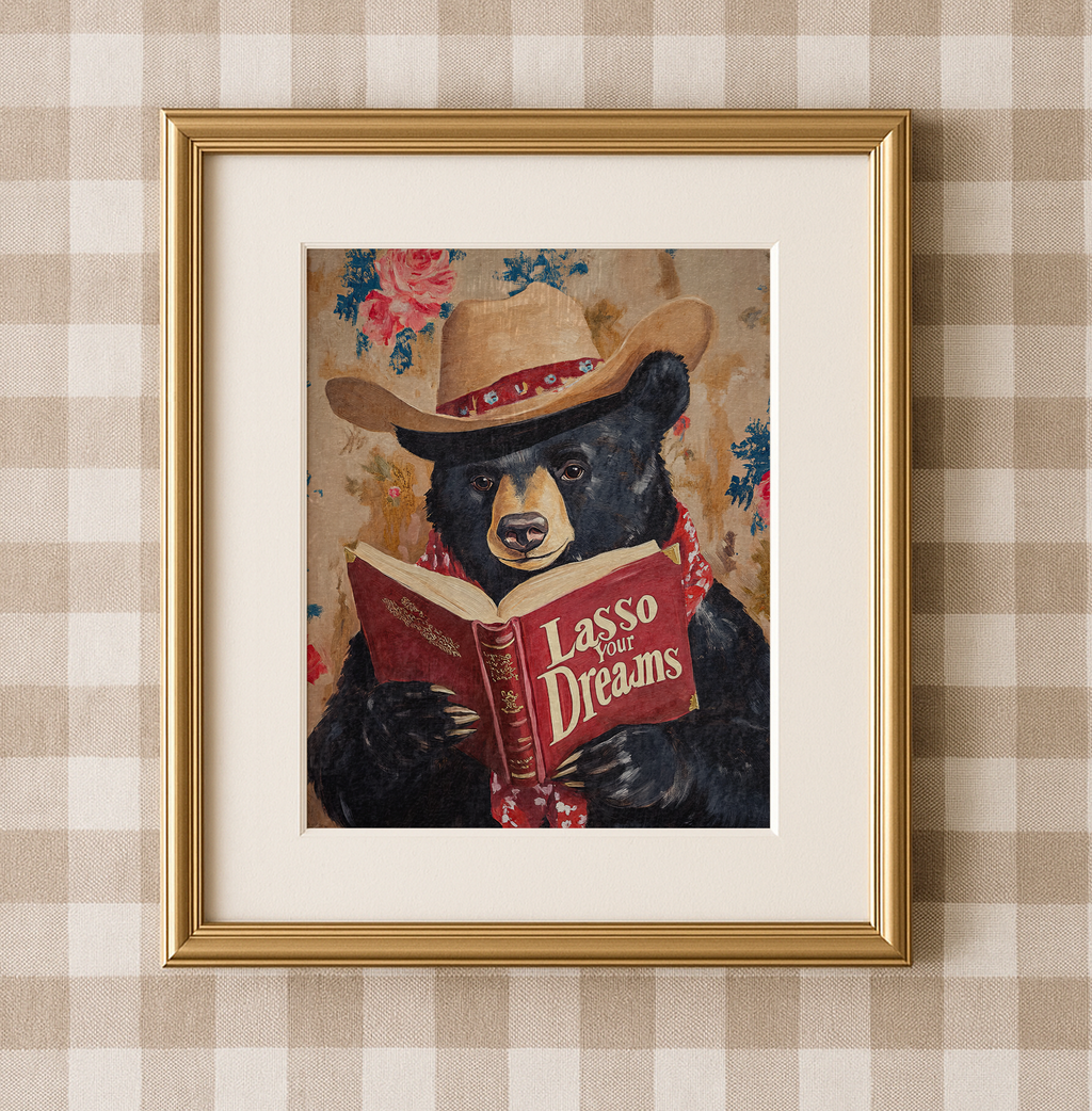 Bear Reading Book Wall Art, Lasso Your Dreams Print, Whimsical Bear Artwork, Rustic Cabin Decor, Book Lover Gift