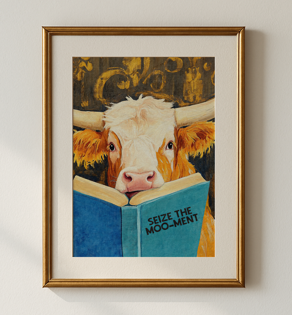 Cow Reading Book Wall Art, Seize the MOO-ment Print, Whimsical Cow Artwork, Book Lover Gift, Farmhouse Library Decor