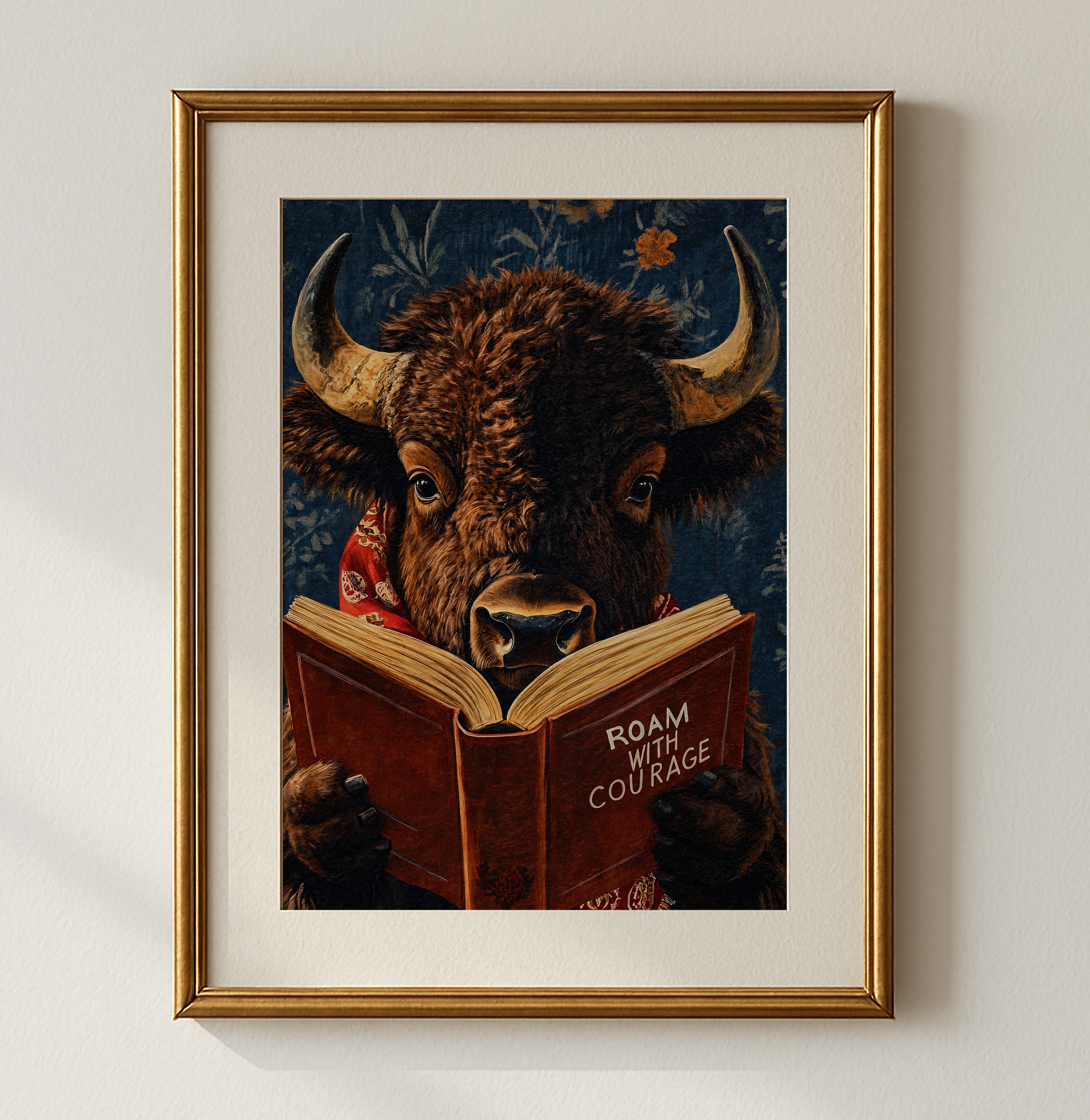 Bison Reading Book Wall Art, Roam with Courage Print, Buffalo Wall Art, Whimsical Western Decor, Book Lover Gift