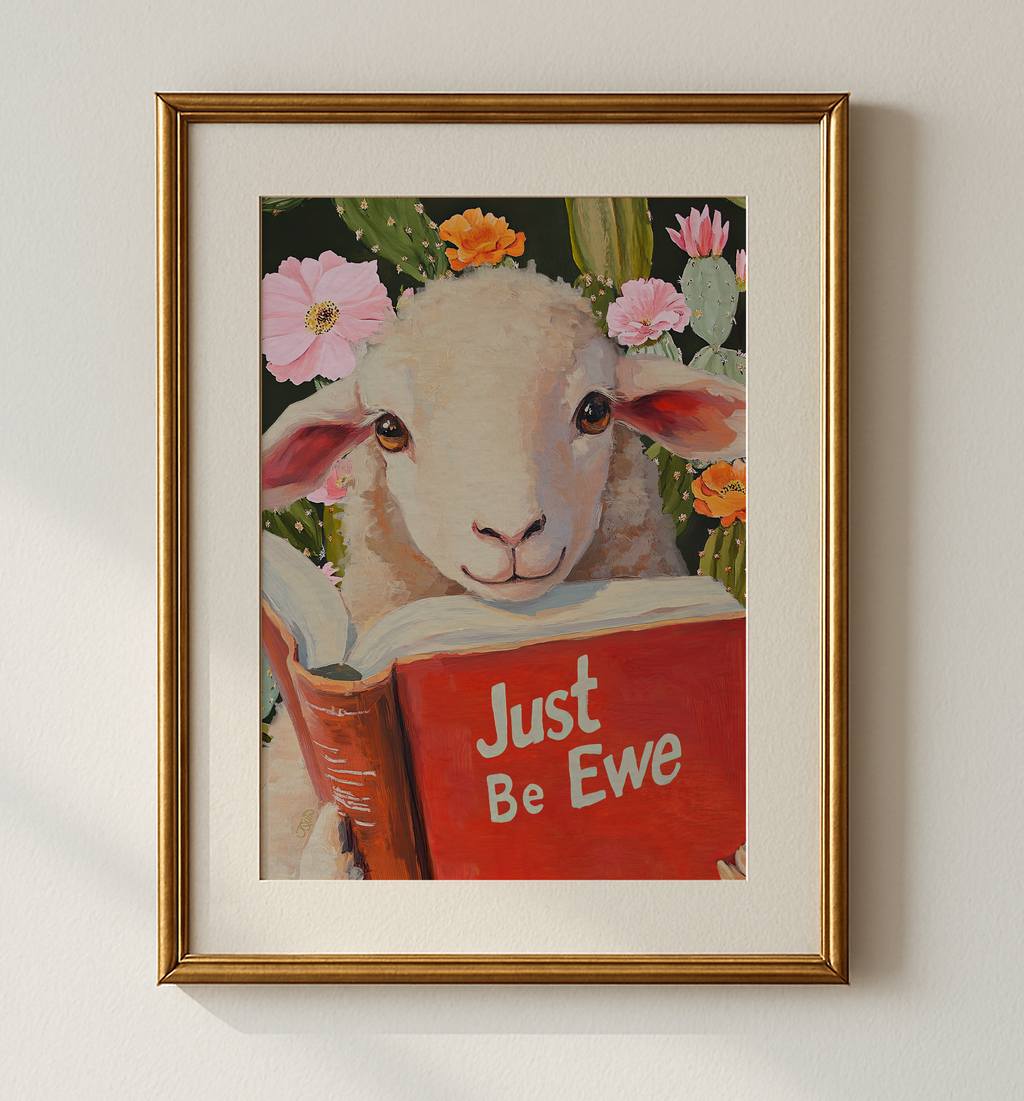 Sheep Reading Book Wall Art, Just Be Ewe Print, Lamb Wall Art, Whimsical Farm Animal Decor, Book Lover Gift