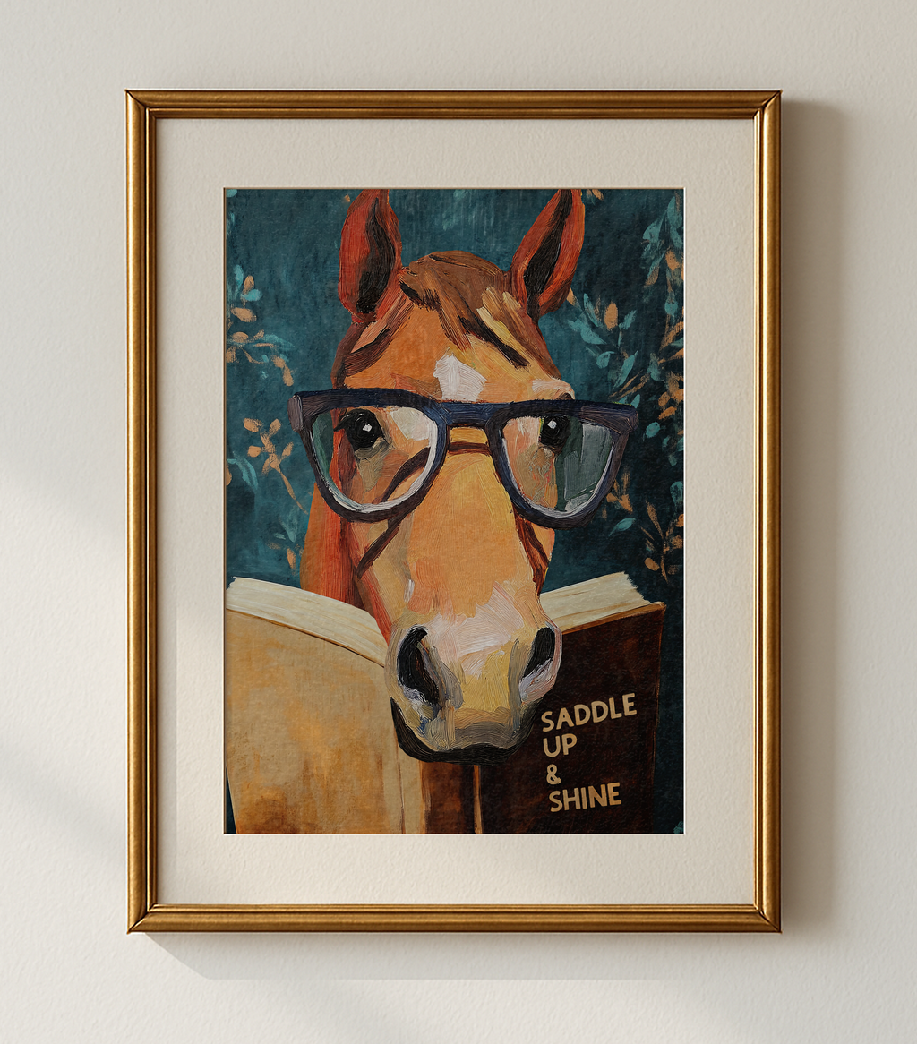 Horse Reading Book Wall Art, Saddle Up and Shine Print, Whimsical Horse Artwork, Western Decor, Book Lover Gift