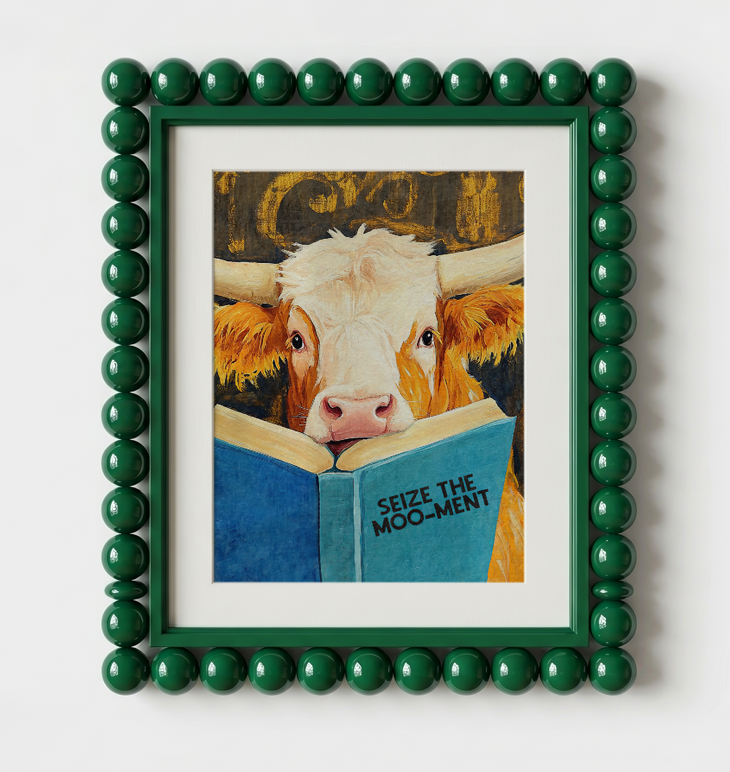 Cow Reading Book Wall Art, Seize the MOO-ment Print, Whimsical Cow Artwork, Book Lover Gift, Farmhouse Library Decor