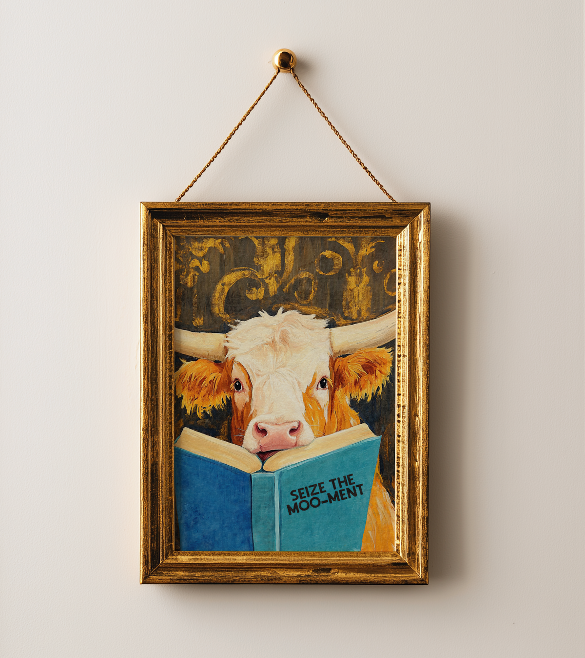 Cow Reading Book Wall Art, Seize the MOO-ment Print, Whimsical Cow Artwork, Book Lover Gift, Farmhouse Library Decor