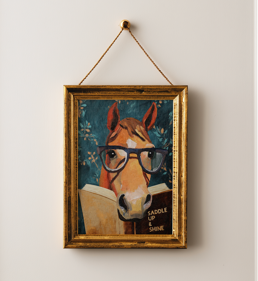 Horse Reading Book Wall Art, Saddle Up and Shine Print, Whimsical Horse Artwork, Western Decor, Book Lover Gift