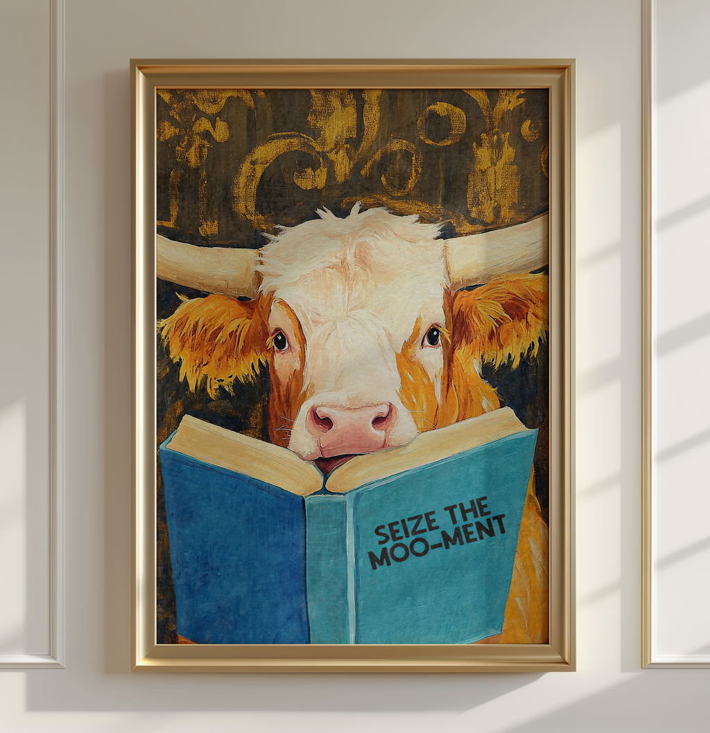 Cow Reading Book Wall Art, Seize the MOO-ment Print, Whimsical Cow Artwork, Book Lover Gift, Farmhouse Library Decor