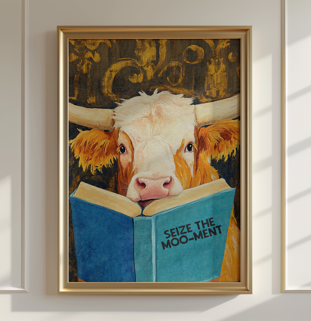 Cow Reading Book Wall Art, Seize the MOO-ment Print, Whimsical Cow Artwork, Book Lover Gift, Farmhouse Library Decor
