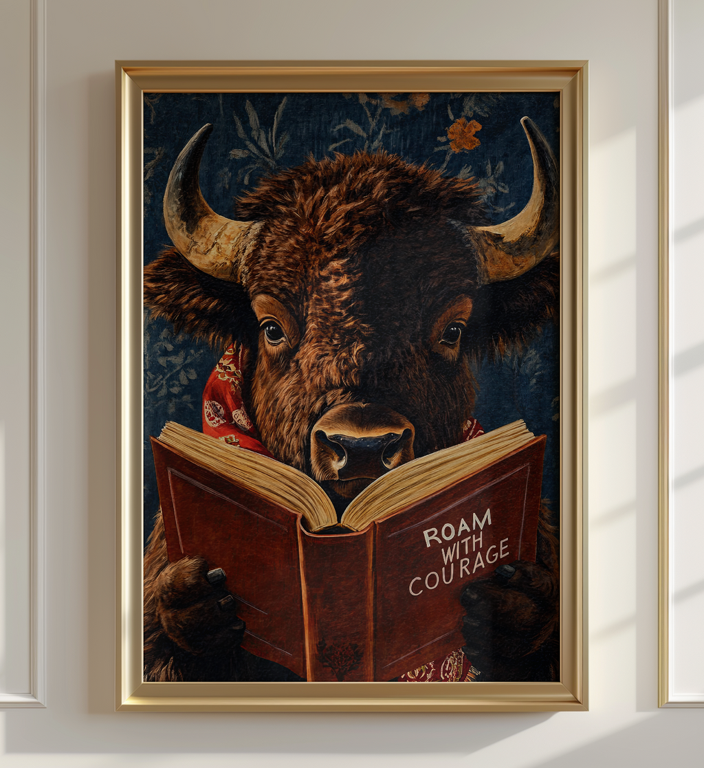Bison Reading Book Wall Art, Roam with Courage Print, Buffalo Wall Art, Whimsical Western Decor, Book Lover Gift