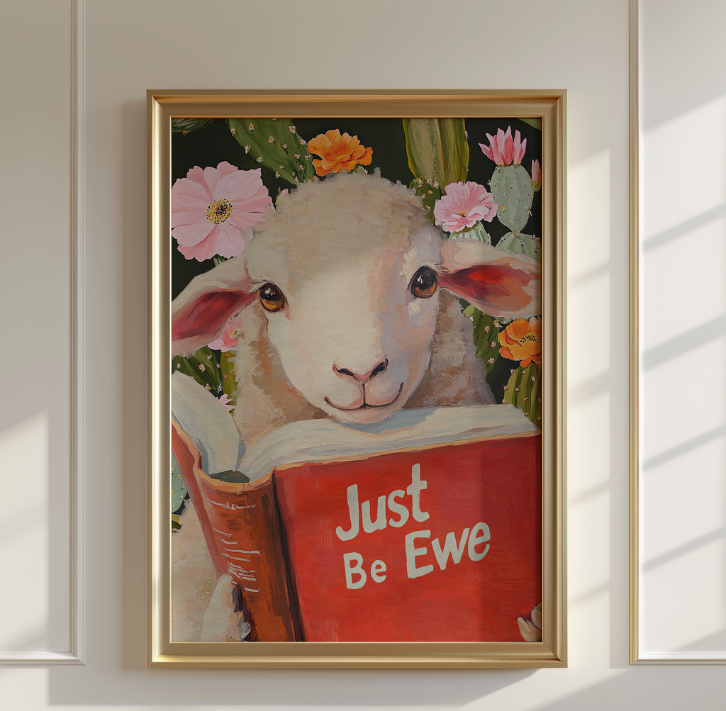 Sheep Reading Book Wall Art, Just Be Ewe Print, Lamb Wall Art, Whimsical Farm Animal Decor, Book Lover Gift