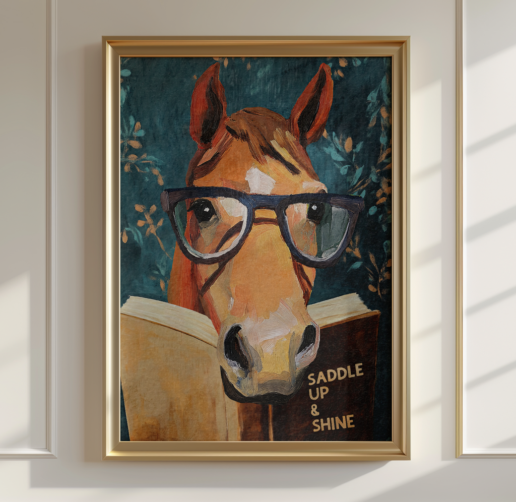 Horse Reading Book Wall Art, Saddle Up and Shine Print, Whimsical Horse Artwork, Western Decor, Book Lover Gift