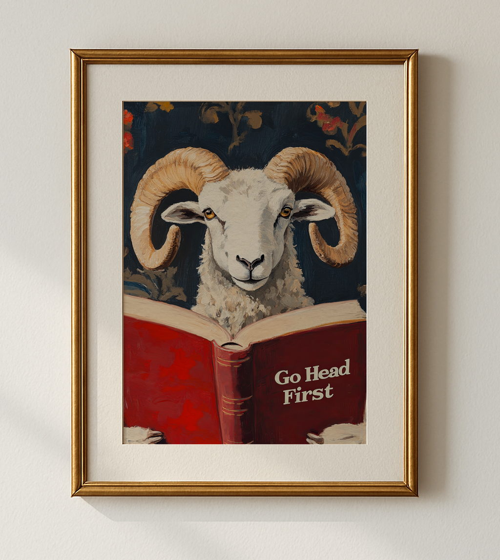 Ram Reading Book Wall Art, Go Head First Print, Whimsical Sheep Artwork, Motivational Animal Art, Book Lover Gift