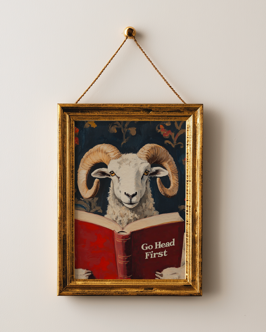 Ram Reading Book Wall Art, Go Head First Print, Whimsical Sheep Artwork, Motivational Animal Art, Book Lover Gift