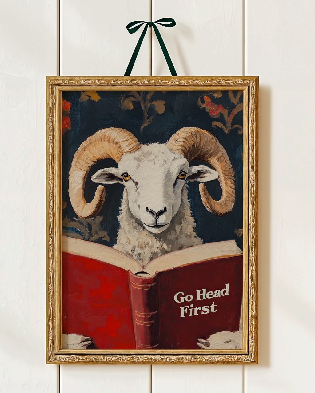 Ram Reading Book Wall Art, Go Head First Print, Whimsical Sheep Artwork, Motivational Animal Art, Book Lover Gift