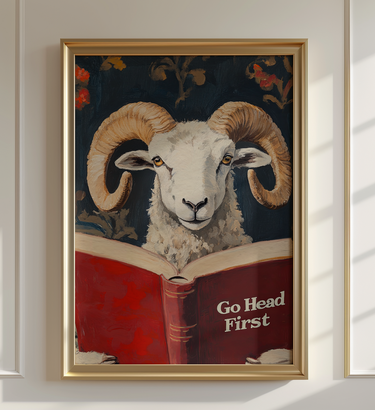 Ram Reading Book Wall Art, Go Head First Print, Whimsical Sheep Artwork, Motivational Animal Art, Book Lover Gift