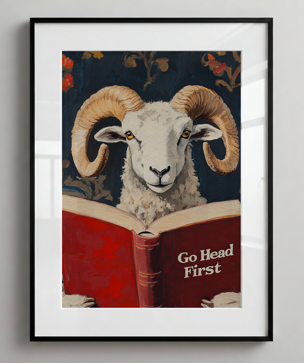 Ram Reading Book Wall Art, Go Head First Print, Whimsical Sheep Artwork, Motivational Animal Art, Book Lover Gift