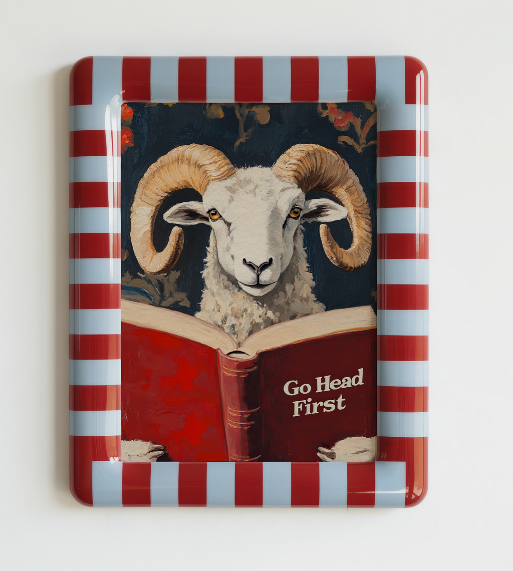 Ram Reading Book Wall Art, Go Head First Print, Whimsical Sheep Artwork, Motivational Animal Art, Book Lover Gift