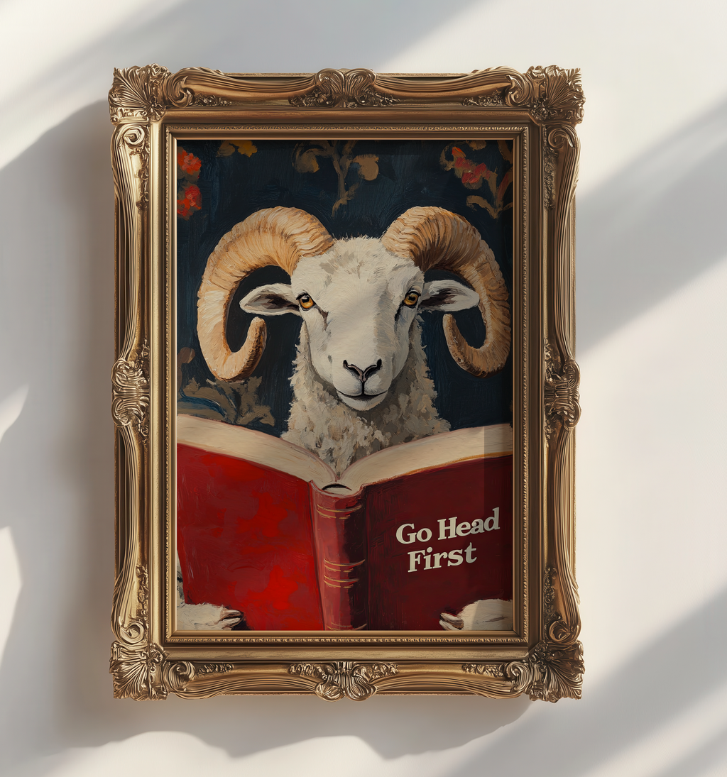 Ram Reading Book Wall Art, Go Head First Print, Whimsical Sheep Artwork, Motivational Animal Art, Book Lover Gift