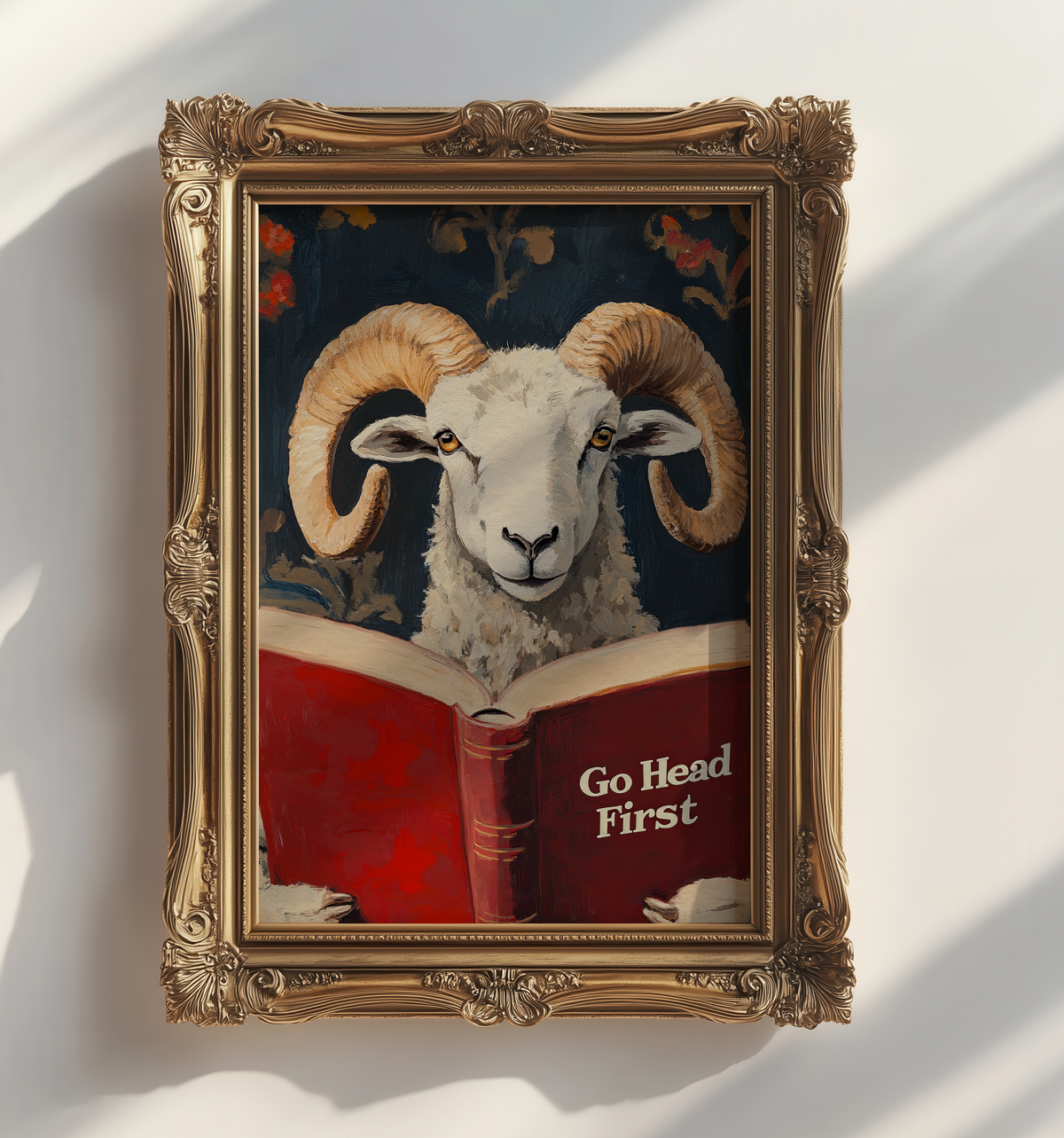 Ram Reading Book Wall Art, Go Head First Print, Whimsical Sheep Artwork, Motivational Animal Art, Book Lover Gift