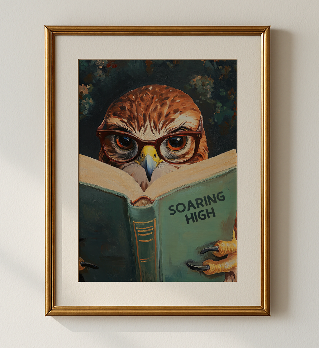 Red-Tailed Hawk Wall Art, Soaring High Reading Book Print, Whimsical Bird Artwork, Wildlife Decor, Book Lover Gift