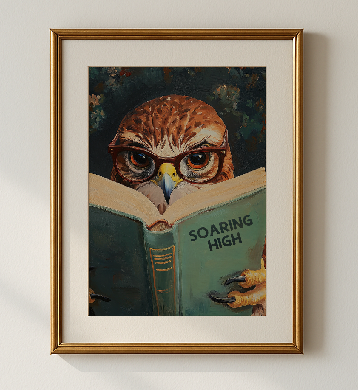 Red-Tailed Hawk Wall Art, Soaring High Reading Book Print, Whimsical Bird Artwork, Wildlife Decor, Book Lover Gift