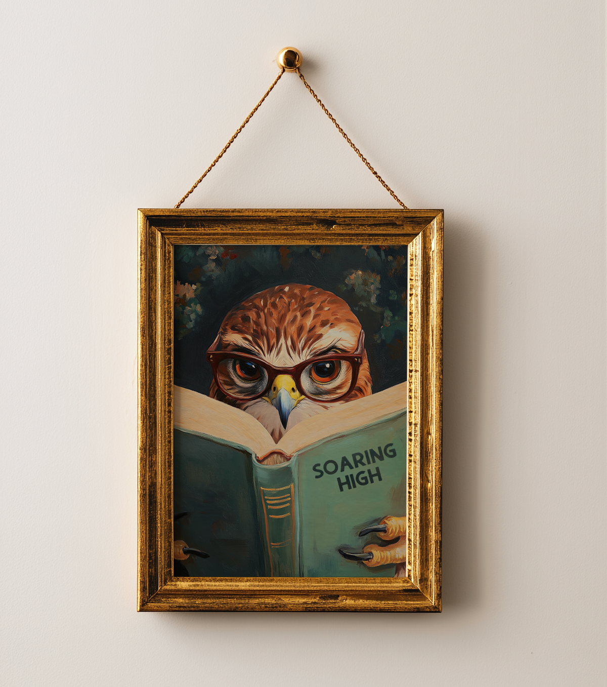Red-Tailed Hawk Wall Art, Soaring High Reading Book Print, Whimsical Bird Artwork, Wildlife Decor, Book Lover Gift