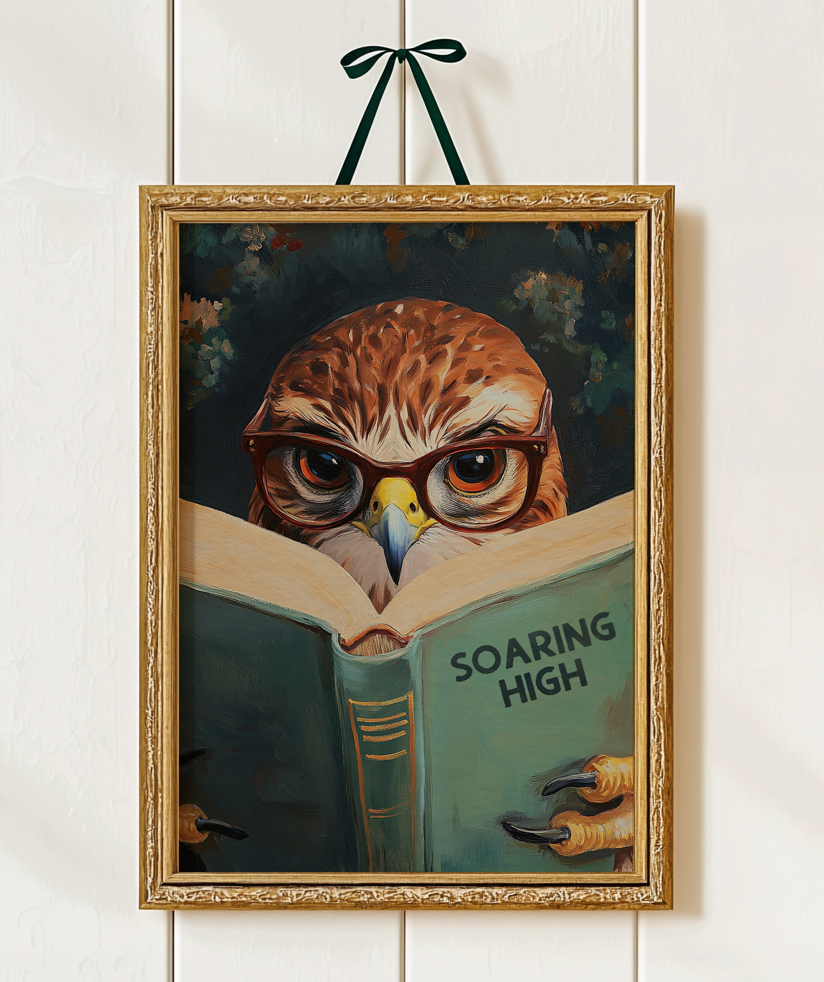 Red-Tailed Hawk Wall Art, Soaring High Reading Book Print, Whimsical Bird Artwork, Wildlife Decor, Book Lover Gift