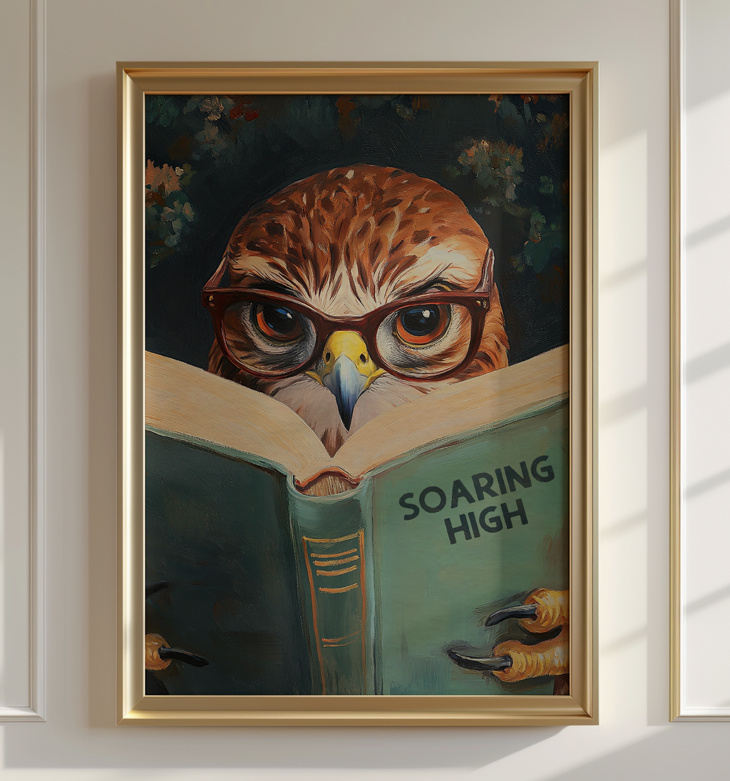 Red-Tailed Hawk Wall Art, Soaring High Reading Book Print, Whimsical Bird Artwork, Wildlife Decor, Book Lover Gift