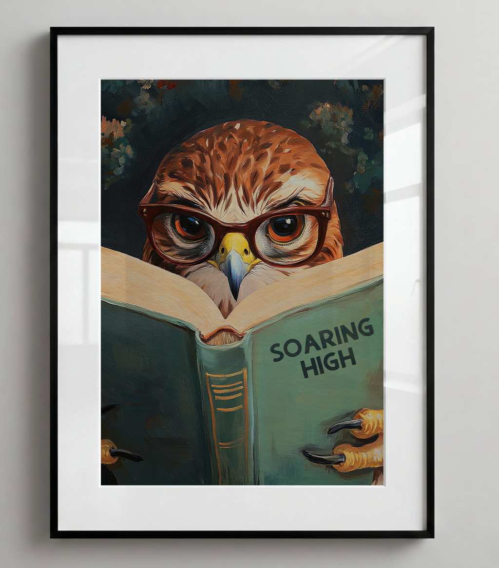 Red-Tailed Hawk Wall Art, Soaring High Reading Book Print, Whimsical Bird Artwork, Wildlife Decor, Book Lover Gift