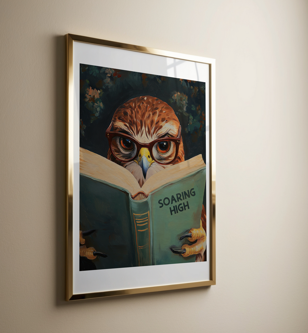 Red-Tailed Hawk Wall Art, Soaring High Reading Book Print, Whimsical Bird Artwork, Wildlife Decor, Book Lover Gift