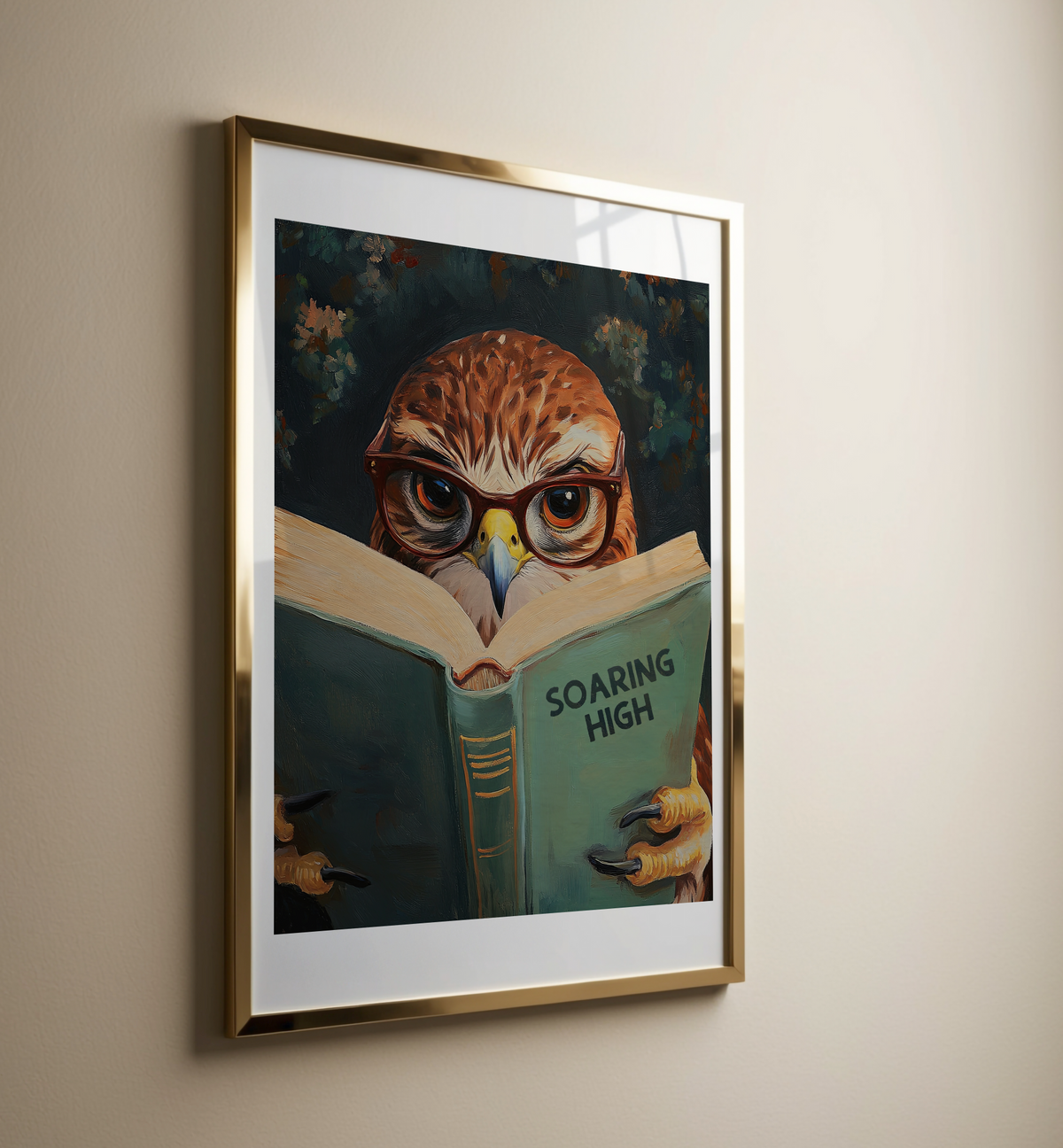 Red-Tailed Hawk Wall Art, Soaring High Reading Book Print, Whimsical Bird Artwork, Wildlife Decor, Book Lover Gift