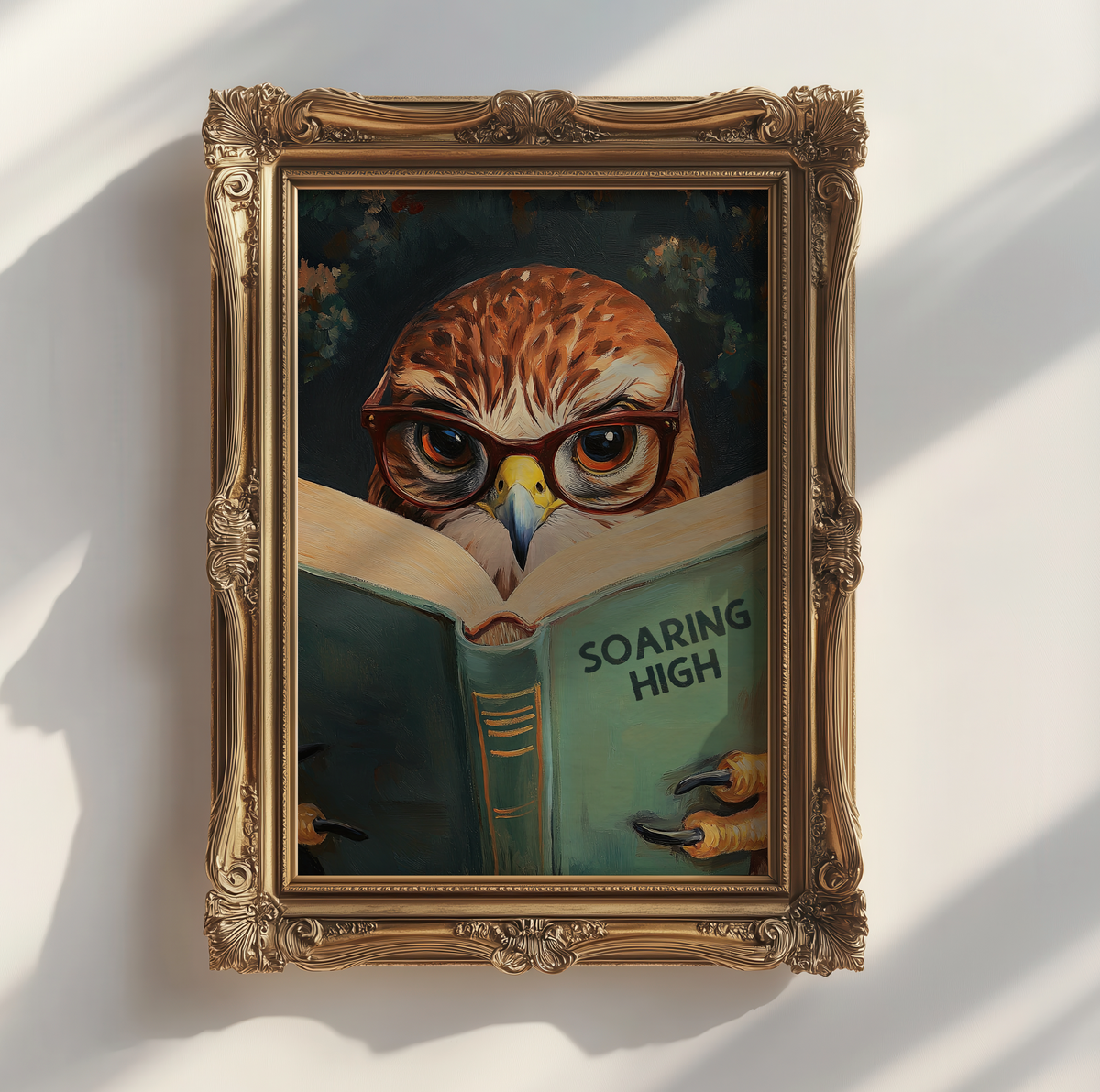 Red-Tailed Hawk Wall Art, Soaring High Reading Book Print, Whimsical Bird Artwork, Wildlife Decor, Book Lover Gift
