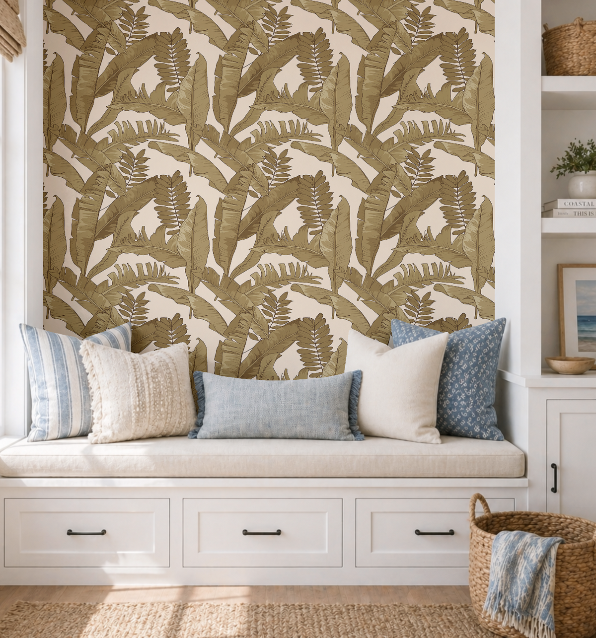 Tropical Gold Leaves Wallpaper in Ivory, Tropical Botanical Peel and Stick Wallpaper, Ivory Palm Leaf Wallpaper, Coastal Wall Decor, Removable Wallpaper