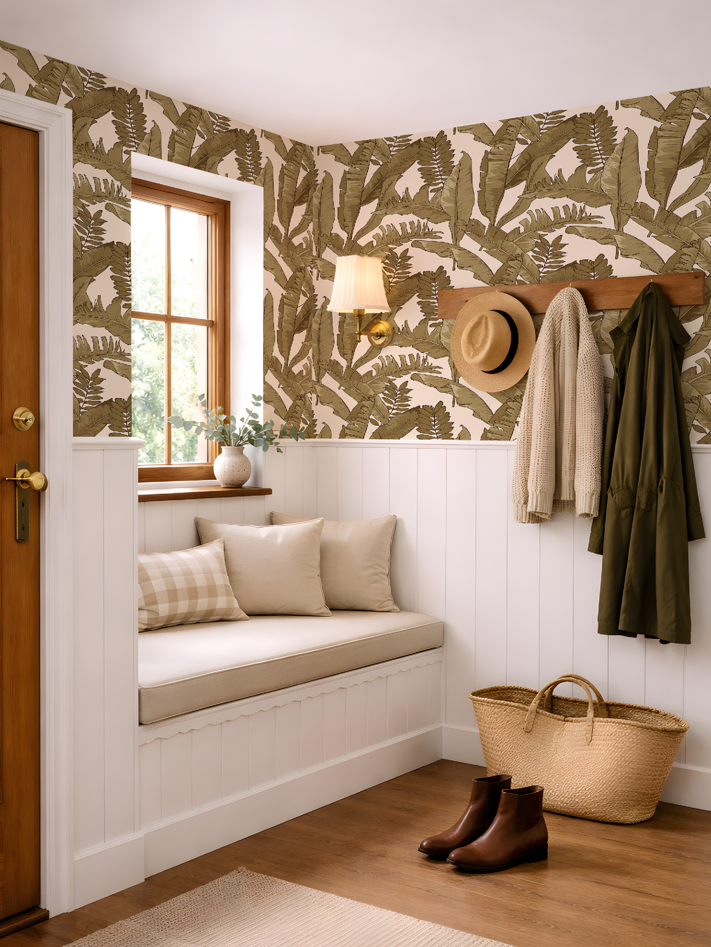 Tropical Gold Leaves Wallpaper in Ivory, Tropical Botanical Peel and Stick Wallpaper, Ivory Palm Leaf Wallpaper, Coastal Wall Decor, Removable Wallpaper