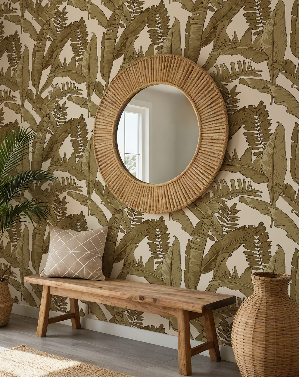 Tropical Gold Leaves Wallpaper in Ivory, Tropical Botanical Peel and Stick Wallpaper, Ivory Palm Leaf Wallpaper, Coastal Wall Decor, Removable Wallpaper