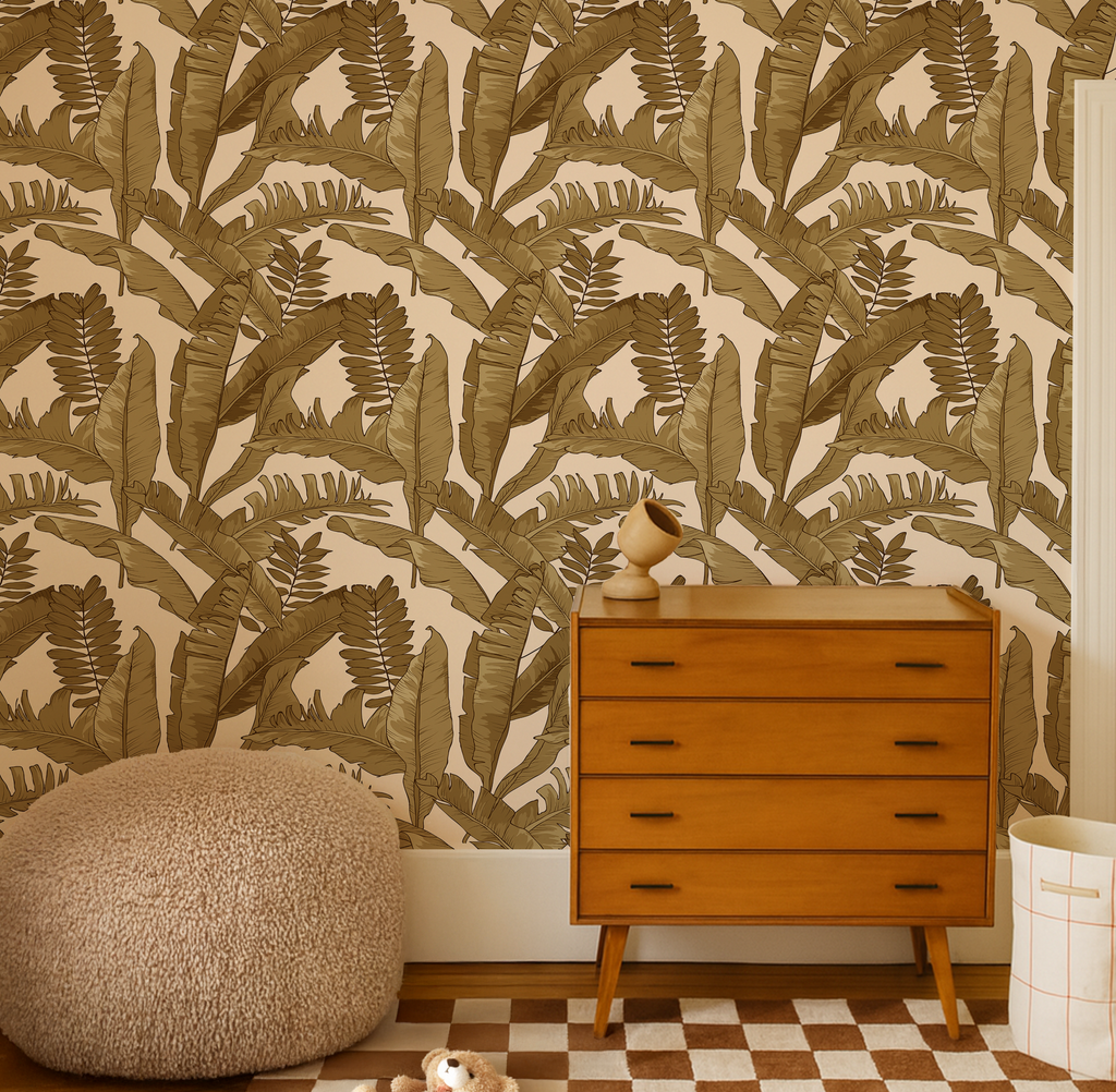 Tropical Gold Leaves Wallpaper in Ivory, Tropical Botanical Peel and Stick Wallpaper, Ivory Palm Leaf Wallpaper, Coastal Wall Decor, Removable Wallpaper