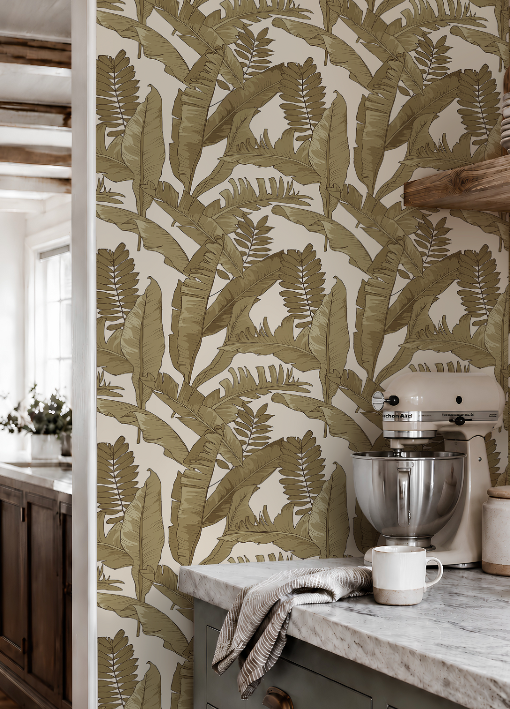Tropical Gold Leaves Wallpaper in Ivory, Tropical Botanical Peel and Stick Wallpaper, Ivory Palm Leaf Wallpaper, Coastal Wall Decor, Removable Wallpaper