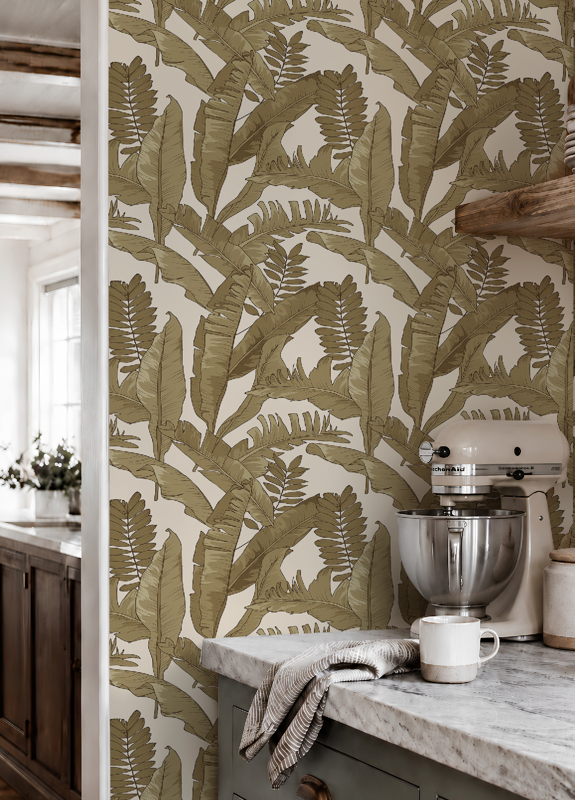 Tropical Gold Leaves Wallpaper in Ivory, Tropical Botanical Peel and Stick Wallpaper, Ivory Palm Leaf Wallpaper, Coastal Wall Decor, Removable Wallpaper