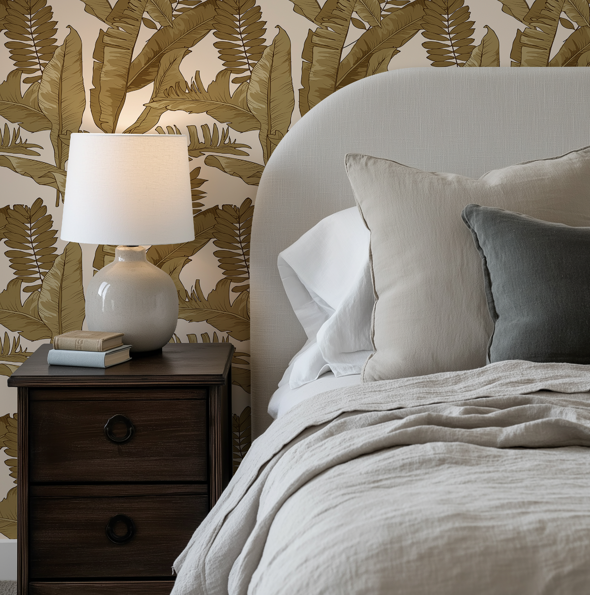 Tropical Gold Leaves Wallpaper in Ivory, Tropical Botanical Peel and Stick Wallpaper, Ivory Palm Leaf Wallpaper, Coastal Wall Decor, Removable Wallpaper