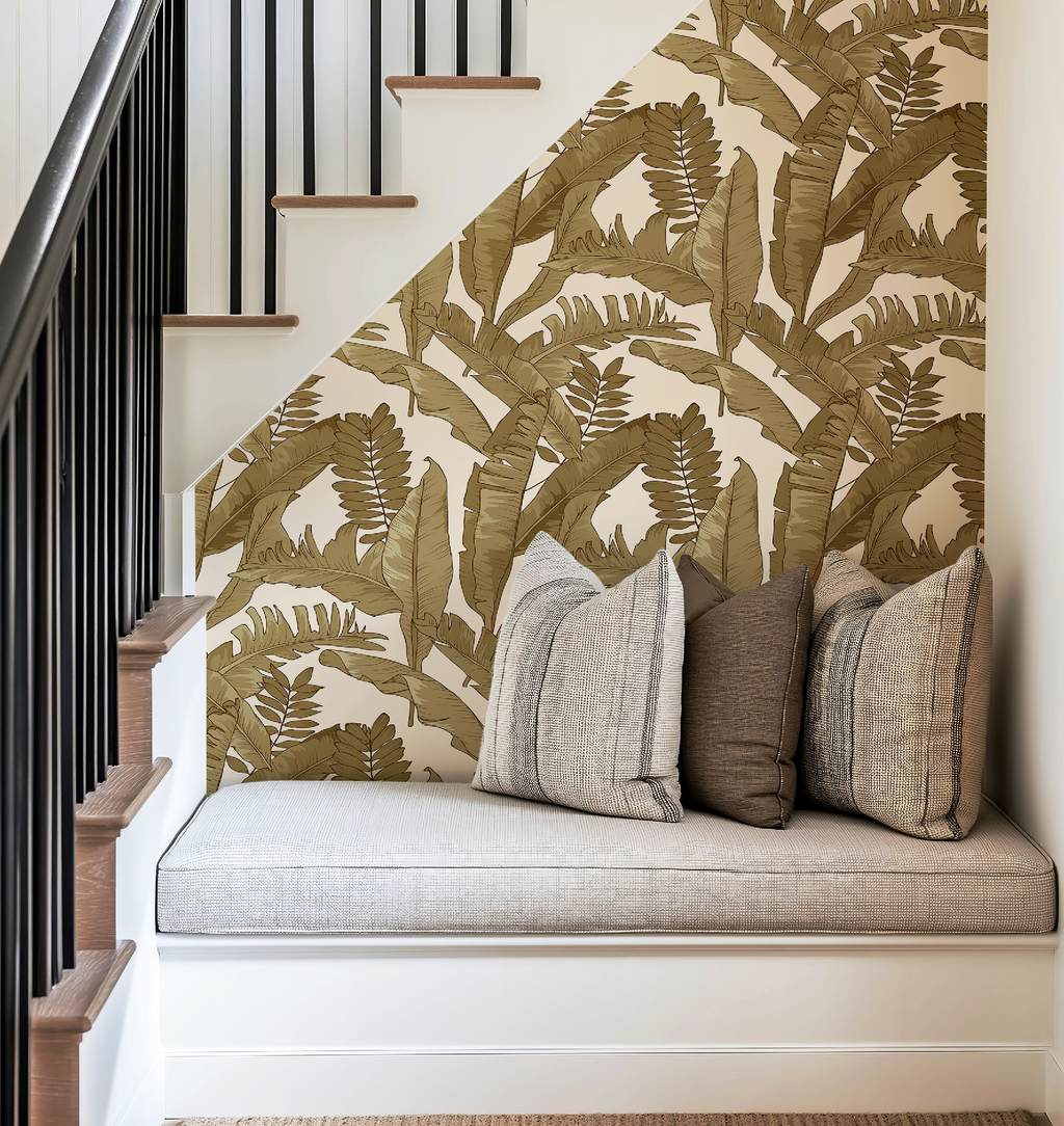 Tropical Gold Leaves Wallpaper in Ivory, Tropical Botanical Peel and Stick Wallpaper, Ivory Palm Leaf Wallpaper, Coastal Wall Decor, Removable Wallpaper